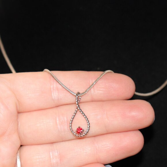 🔴 Silver Necklace with Red Rhinestone Teardrop Pendant – 19"  ✨ - Picture 1 of 5